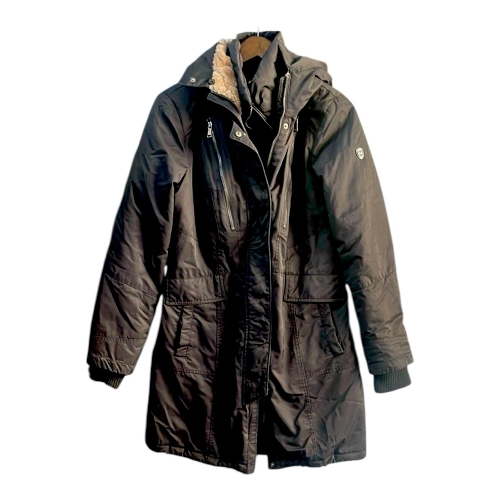 1 Madison Expedition Women's Black Hooded Utility Coat Parka Lined Sz Small